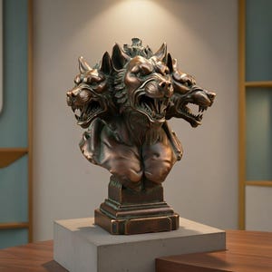 May include: A bronze-effect sculpture of Cerberus, the three-headed dog from Greek mythology. The sculpture is mounted on a rectangular base and sits on a concrete block. The dog's heads are snarling, with visible teeth. A decorative item.