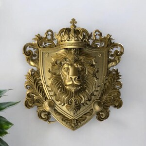Crowned Lion Crest STL File: 3D Printable Baroque Wall Decor