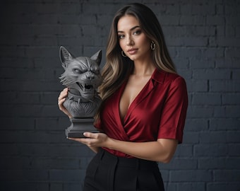 May include: A dark gray sculpture of a snarling cat head with pointed ears and a spiked collar, mounted on a square pedestal base. The cat features detailed fur texture, bared teeth, and an aggressive expression, crafted in a solid matte finish.