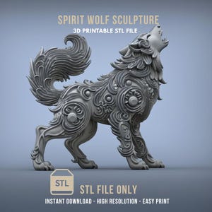 May include: A gray, ornate sculpture of a howling wolf. The wolf is highly detailed with swirling patterns and floral designs. The text "SPIRIT WOLF SCULPTURE" and "STL FILE ONLY" are visible. The image also includes the text "3D PRINTABLE STL FILE" and "INSTANT DOWNLOAD - HIGH RESOLUTION - EASY PRINT".