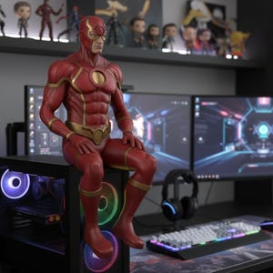 May include: A red and gold superhero figurine sits atop a black computer tower. The figurine has a detailed design with a gold belt and accents. The computer setup includes dual monitors, a keyboard, and a mouse, with other figurines on a shelf.