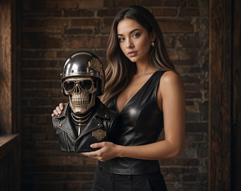 May include: A decorative skull bust wearing a metallic silver motorcycle helmet and dark sunglasses, dressed in a miniature black leather biker jacket with gold-toned hardware, including a collar detail and a small rectangular emblem on the chest.