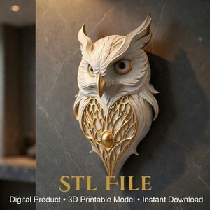 May include: A detailed white and gold owl wall sculpture. The owl features a heart-shaped design and is mounted on a dark grey wall. The text "STL FILE" is visible at the bottom, suggesting a digital product for 3D printing.