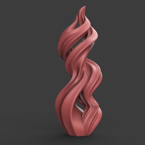 May include: A coral-colored, abstract sculpture with a flowing, twisted design. The artwork has a smooth texture and a dynamic, upward-reaching form. The sculpture is a decorative piece, suitable for home or office decor.