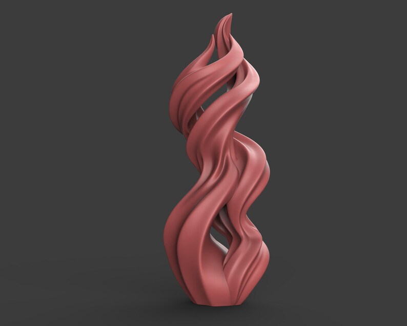 May include: A coral-colored, abstract sculpture with a flowing, twisted design. The artwork has a smooth texture and a dynamic, upward-reaching form. The sculpture is a decorative piece, suitable for home or office decor.