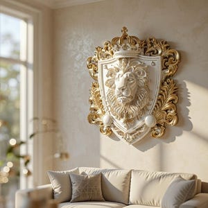 Archivo STL de cresta de león coronado: decoración de pared barroca imprimible en 3D