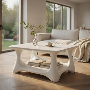 May include: A modern, white coffee table with a unique, curved design. The table has a lower shelf holding books. A small cup and saucer sit on the table's surface. The table is in a living room with a white sofa and a blanket.