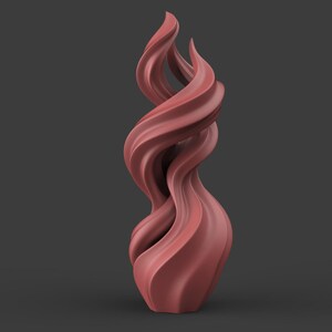 May include: A tall, abstract sculpture in a muted reddish-pink hue. The form is a continuous, flowing spiral, resembling a stylized flame or ribbon. The smooth, curved lines create a sense of movement and elegance. The sculpture is set against a dark gray background.