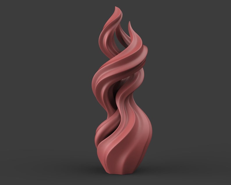 May include: A tall, abstract sculpture in a muted reddish-pink hue. The form is a continuous, flowing spiral, resembling a stylized flame or ribbon. The smooth, curved lines create a sense of movement and elegance. The sculpture is set against a dark gray background.