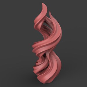 May include: A coral-colored, abstract sculpture with a flowing, twisted design. The artwork features smooth, curved lines and a dynamic, swirling form, creating a sense of movement and elegance. The sculpture is set against a dark gray background.