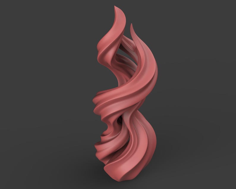 May include: A coral-colored, abstract sculpture with a flowing, twisted design. The artwork features smooth, curved lines and a dynamic, swirling form, creating a sense of movement and elegance. The sculpture is set against a dark gray background.