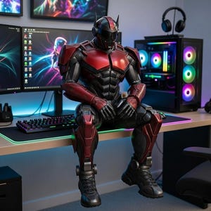 Puede incluir: Una figura de robot rojo y negro está sentada en un escritorio frente a una configuración de juego. El escritorio tiene un teclado, un ratón y una alfombrilla de ratón brillante. Una torre de ordenador con luces de colores y dos monitores están en el fondo.