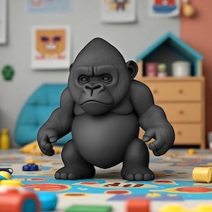 Op de afbeelding: Een grijze gorilla-figuur met een serieuze uitdrukking staat op een kleurrijk patroonkleed. De gorilla bevindt zich in een speelkamer, omringd door speelgoed en meubels, waaronder een blauwe stoel en een houten kast.