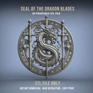 Seal of the Dragon Blades | Fantasy STL File for 3D Printing | Mythical Wall Art with Swords & Chinese Dragon