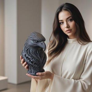 Puede incluir: Un busto de águila en negro mate con intrincados detalles de filigrana calada en el pecho y el cuello. El águila se muestra con una mirada aguda y enfocada, con texturas de plumas detalladas talladas en el material oscuro y sólido.