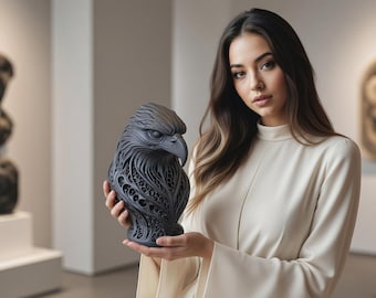 May include: A matte black eagle bust sculpture featuring intricate, openwork filigree detailing across the chest and neck area. The eagle is depicted with a sharp, focused gaze and detailed feather textures carved into the dark, solid material.