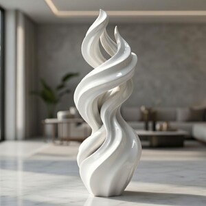 May include: A white, abstract sculpture with a swirling, flame-like design. The sculpture has a glossy finish and is displayed on a marble floor. The artwork is a decorative piece for a modern home.
