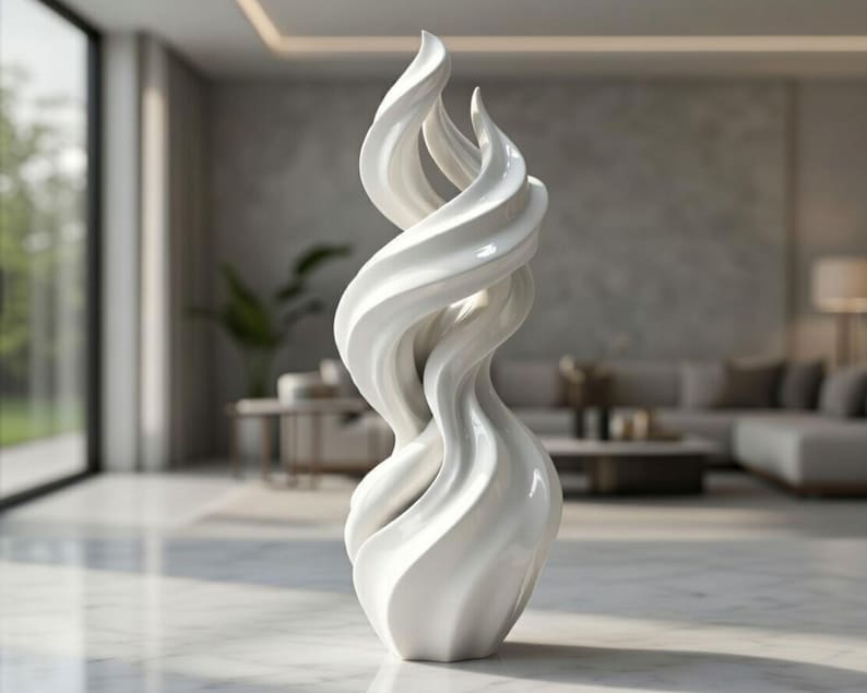 May include: A white, abstract sculpture with a swirling, flame-like design. The sculpture has a glossy finish and is displayed on a marble floor. The artwork is a decorative piece for a modern home.
