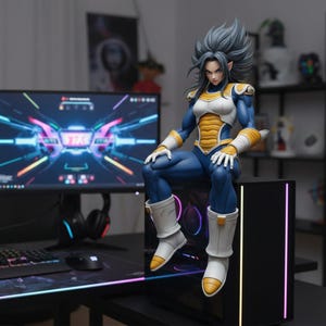 May include: A detailed figurine of a female anime character with spiky gray hair, wearing a blue, white, and yellow outfit, seated on a black computer tower. The figure has a determined expression. The background includes computer monitors and a keyboard.