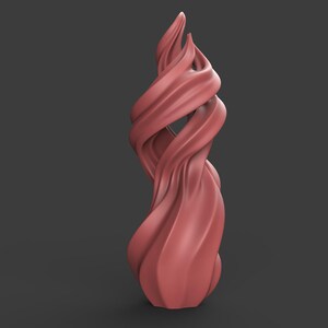 May include: A coral-colored, abstract sculpture with a flowing, twisted design. The form is reminiscent of a flame or a ribbon, with smooth, curved surfaces. The sculpture stands upright against a dark gray background.