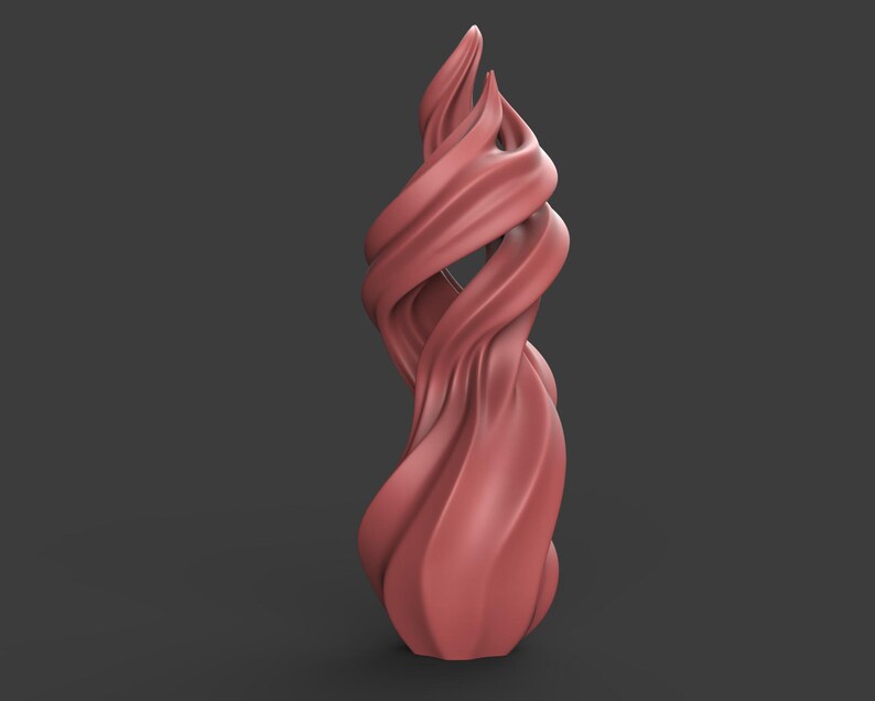 May include: A coral-colored, abstract sculpture with a flowing, twisted design. The form is reminiscent of a flame or a ribbon, with smooth, curved surfaces. The sculpture stands upright against a dark gray background.