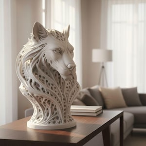 Pode incluir: Escultura branca da cabeça de um lobo, com entalhes detalhados. O design apresenta padrões decorativos abertos. Está sobre uma mesa de madeira escura, num ambiente de sala de estar.