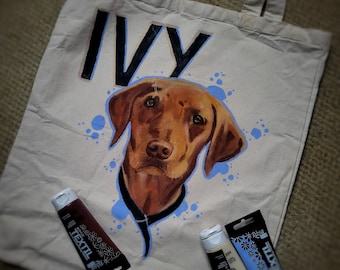 Hand painted pet portrait on bag