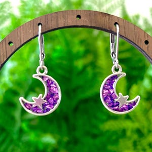 Moon and Star Crushed Glass Earrings, Celestial Dangle Earrings, Handmade Galaxy Jewelry, Sparkly Star Moon Earrings, Celestial Gift for Her
