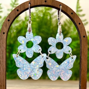 Glow in the Dark Butterfly and Daisy Earrings, Festival Glow Jewelry, Flower Dangles, Rave and Concert Accessories, Floral Fairycore Jewelry