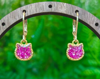 Handmade Resin Pink Glitter Cat Earrings, Kawaii Stainless Steel Dangles
