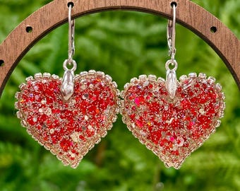 Red Glitter Heart Earrings - Silver Rhinestone Trim Dangle Earrings - Sparkling Romantic Valentine's Day Jewelry - Gift for Her