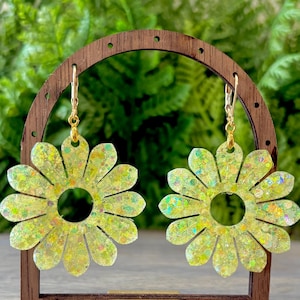 Sunflower Earrings, Large Yellow Flower Jewelry, UV reactive glow in the dark, hippie earring, summer, lightweight, hypoallergenic, festival