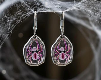 Sparkly Spider Dangle Earrings, Pink Halloween Jewelry