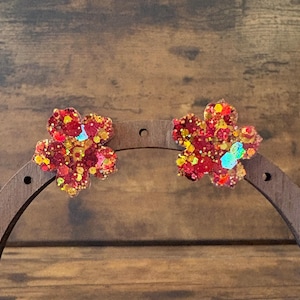 Gold and Red Flower Stud Earrings, Glitter Flower Earrings, Sparkly Flower Studs, Daisy Earrings, Sunflower Earrings, Cute Floral Jewelry
