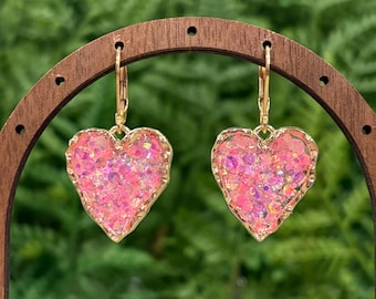 Pink Glow in the Dark Heart Earrings - Iridescent Glitter Dangle Earrings - Romantic Heart Jewelry - Gift for Her