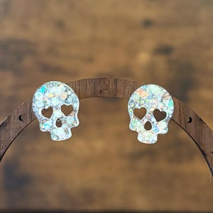 Glow in the Dark Skull Stud Earrings, Cute Skull Jewelry, Fun Spooky Aesthetic, Kawaii Goth Dangles, Day of the Dead Jewelry, Resin Jewelry