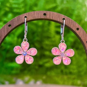 Pink Flower Earrings, Glitter Flower Earrings, Sparkly Flower Dangles, Daisy Earrings, Sunflower Earrings, Cute Floral Jewelry, Gift for Her