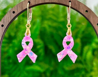 Pink Breast Cancer Awareness Ribbon Earrings, Hypoallergenic Dangle