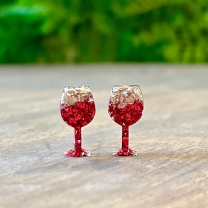 Red Wine Glass Stud Earrings, Fun Cocktail Jewelry, Party Earrings, Unique Stud Earrings, Gift for Wine Lovers, Crushed Glass Stud Earrings