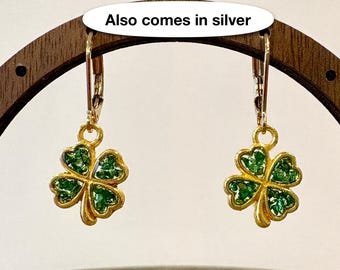 St. Patrick's Day Shamrock Earrings: Green Crushed Glass Resin, Lucky Four Leaf Clover Earrings, Hypoallergenic