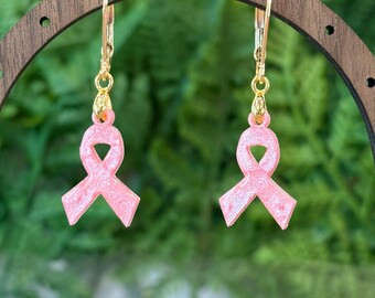 Pink Ribbon Dangle Earrings, Breast Cancer Awareness, Survivor Support