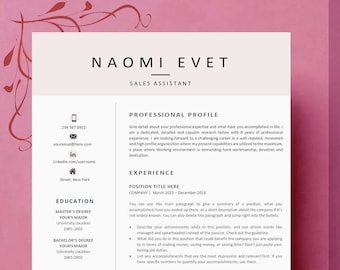 May include: A resume template with a pink background and a white border. The resume is for Naomi Evet, a Sales Assistant. The resume includes a professional profile, experience, education, and expertise sections.