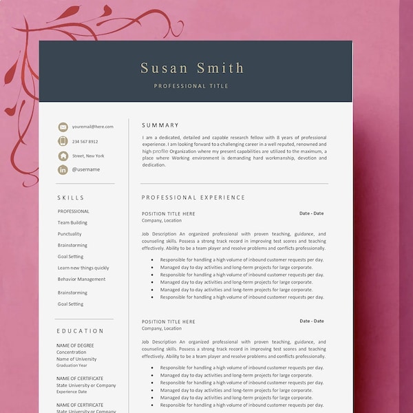 Professional Resume Template for Microsoft Word & Mac Pages with Cover Letter | Modern Executive Resume | CV Template | Minimalist Resume