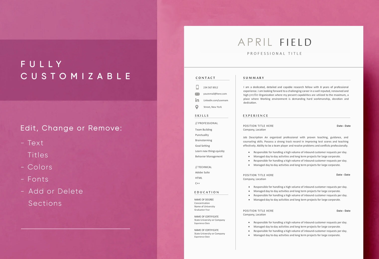Professional Resume Template for Microsoft Word & Mac Pages With Cover ...