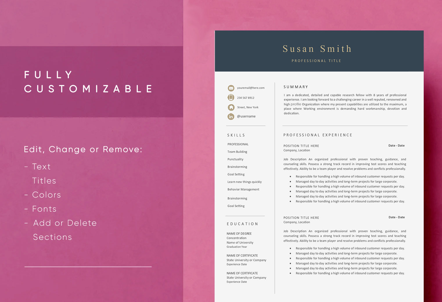 Professional Resume Template for Microsoft Word & Mac Pages With Cover ...