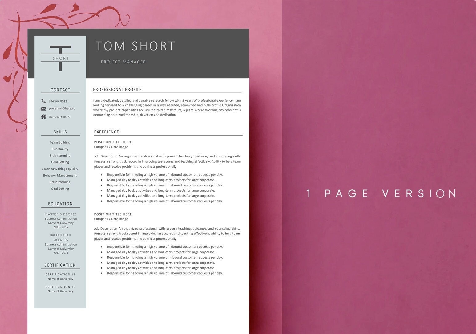 Professional Resume Template for Microsoft Word & Mac Pages With Cover ...