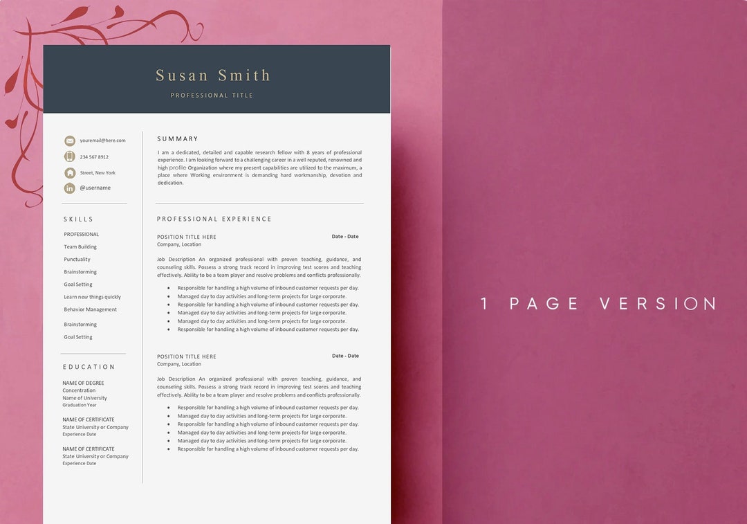 Professional Resume Template for Microsoft Word & Mac Pages With Cover ...