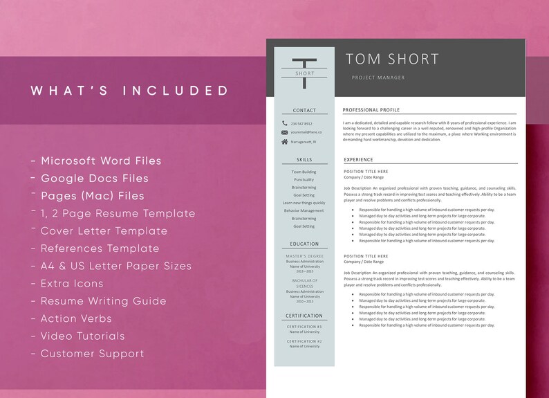 Professional Resume Template for Microsoft Word & Mac Pages - Etsy