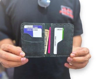 Handmade Full Grain Leather Wallet: Minimalist Green Card Holder