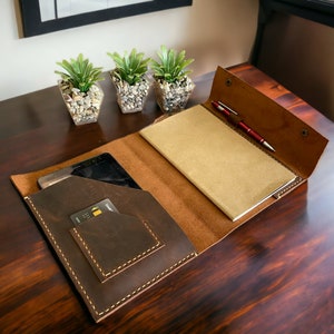 Leren zakelijke portfolio gepersonaliseerd, leren dagboek groot, leren notitieboekje met houder voor visitekaartjes, Vaderdagcadeau, gepersonaliseerd
